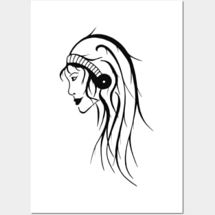 Black and white side profile of woman with striped hair band Posters and Art